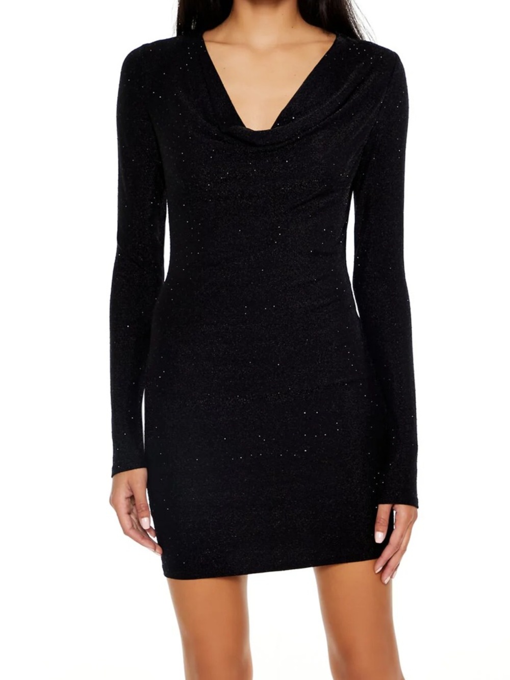 Forever 21 Black Sparkle Glitter Cowl Neck Long Sleeve Bodycon Mini Dress